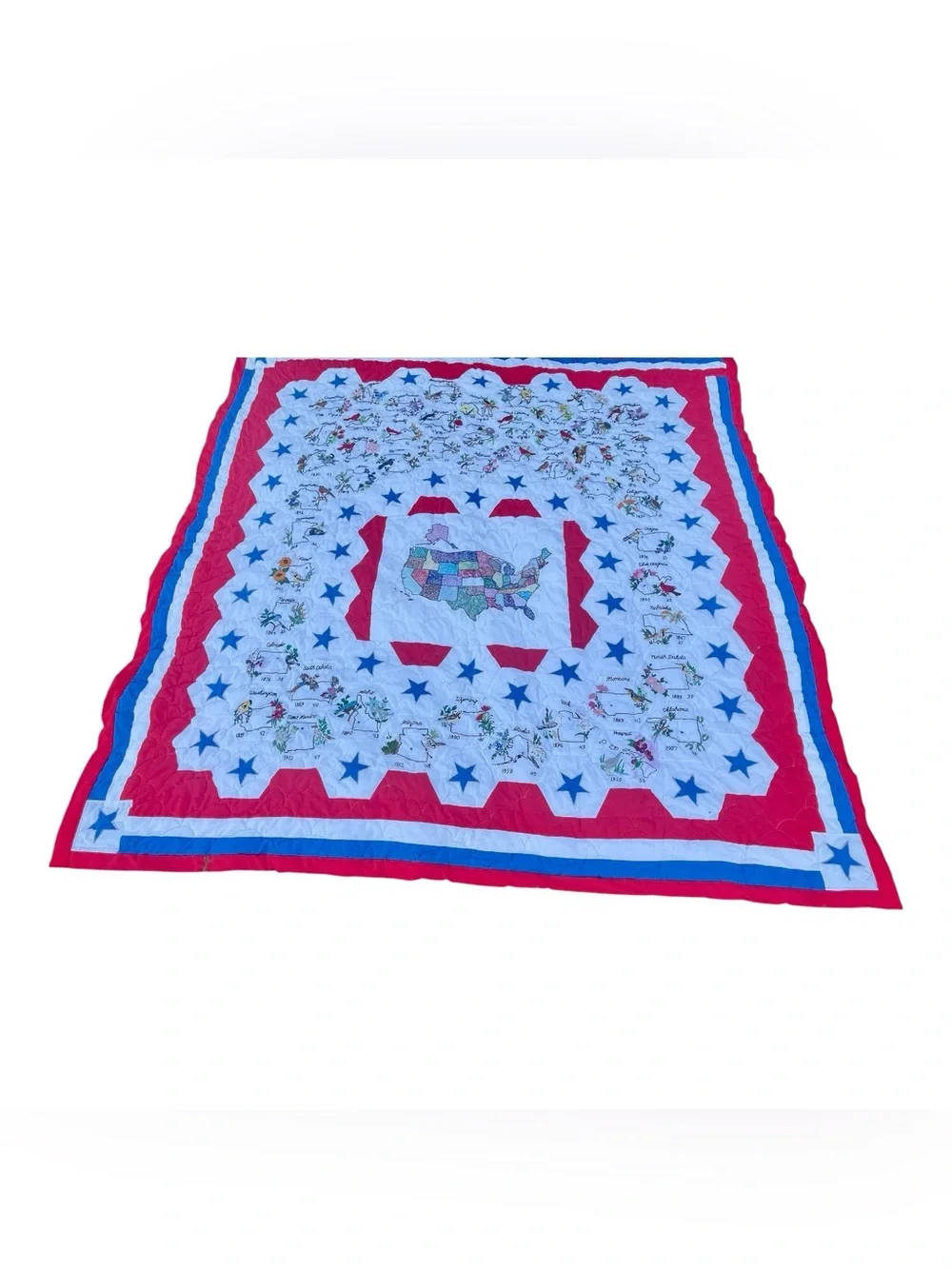 Rare Hand Stitched Patriotic Americana USA Map Quilt 98